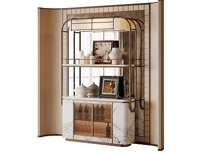 Elegant Modern Sideboard With Marble Countertop Glass Door Cabinets And Decorative Shelves With Photo Frames 3d model