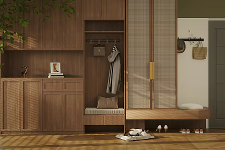 Log Style Entrance Shoe Cabinet Functional Entrance Cabinet Storage Cabinet Decorative Cabinet Shoe Changing Stool Shoe Cabinet Hanger Clothes Clothing Entrance Cabinet End View Desk 3d model