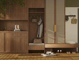 Log Style Entrance Shoe Cabinet Functional Entrance Cabinet Storage Cabinet Decorative Cabinet Shoe Changing Stool Shoe Cabinet Hanger Clothes Clothing Entrance Cabinet End View Desk 3d model