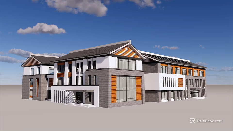 Modern Office Building Exterior With Large Glass Windows And Wooden Accents 3d model 
