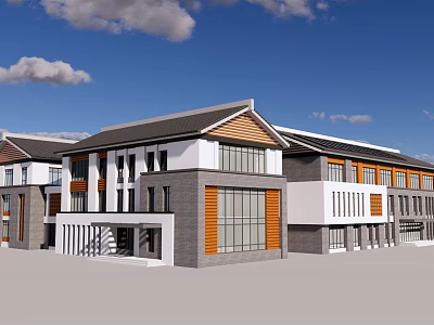 Modern Office Building Exterior With Large Glass Windows And Wooden Accents 3d model