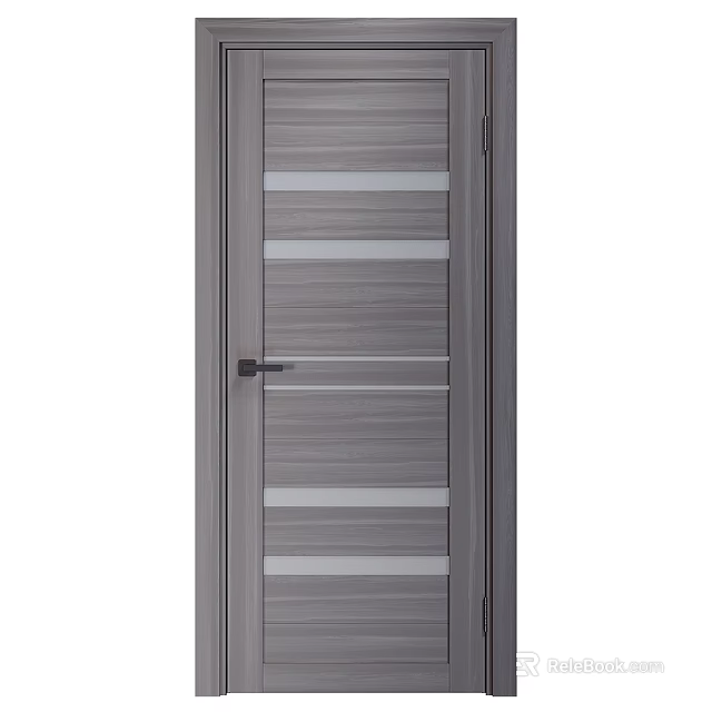 Modern Gray Swing Door With Wooden Texture And Glass Strips Design 3d model 