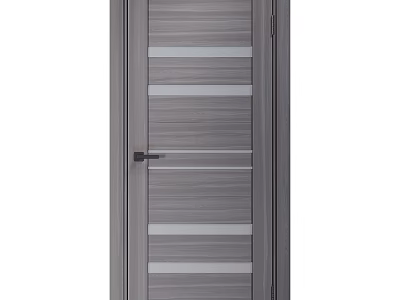 Modern Gray Swing Door With Wooden Texture And Glass Strips Design 3d model