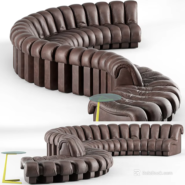Modern Irregular Brown Leather Sofa Interior With Curved Shape And Small Round Table 3d model