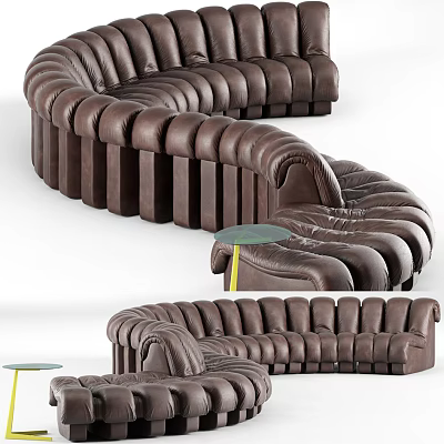 Modern Irregular Brown Leather Sofa Interior With Curved Shape And Small Round Table 3d model