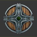 Cartoon Scene Shield With Metallic Frame Wooden Panels And Central Green Gem