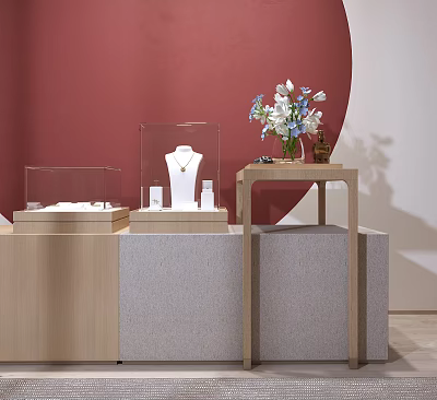 Wooden and Gray Display Shelves with Transparent Cases Holding Necklace White Bottles and Flower Vase 3d model