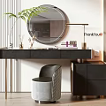 Modern Elegant Dressing Table Interior With Round Mirror Palm Leaves And Checkered Chair 3d model