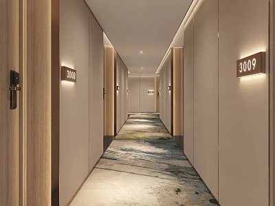 Modern Hotel Corridor With Room Numbers Carpet And Well Lit Walls 3d model