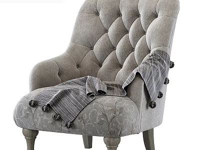 Gray Tufted Armchair with Wooden Legs and Striped Throw Blanket with Tassels 3d model