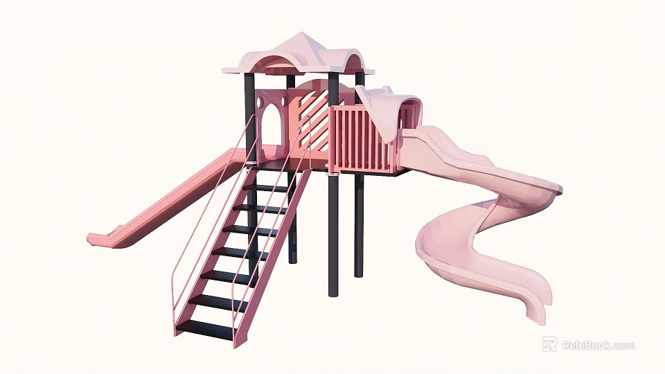 Outdoor Playground Equipment With Pink Spiral Slide Black Stairs And Roof Canopy For Kids 3d model 