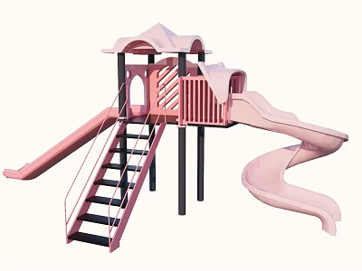 Outdoor Playground Equipment With Pink Spiral Slide Black Stairs And Roof Canopy For Kids 3d model