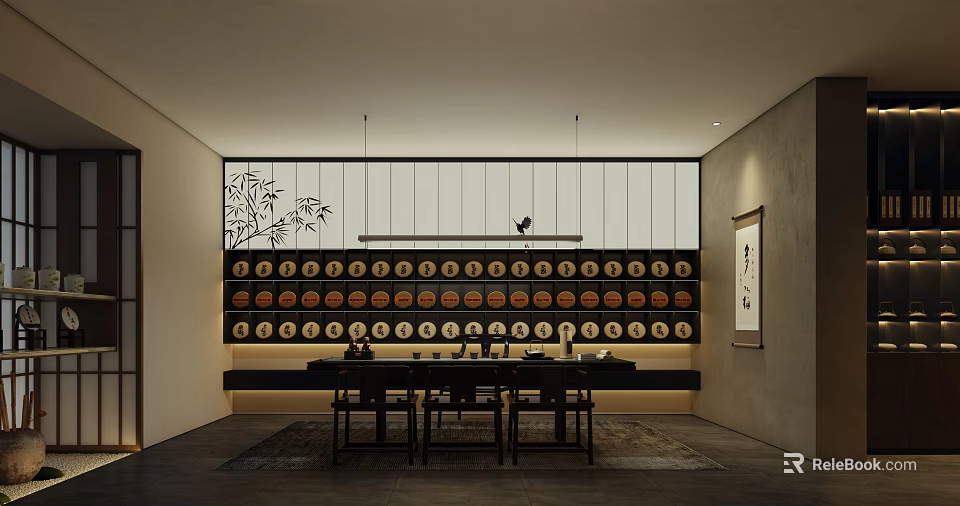 Traditional Tea Room Interior With Bamboo Pattern Round Decorative Plates Pendant Lights And Long Wooden Table 3d model 