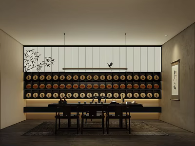 Traditional Tea Room Interior With Bamboo Pattern Round Decorative Plates Pendant Lights And Long Wooden Table 3d model