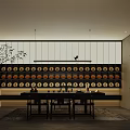 Traditional Tea Room Interior With Bamboo Pattern Round Decorative Plates Pendant Lights And Long Wooden Table