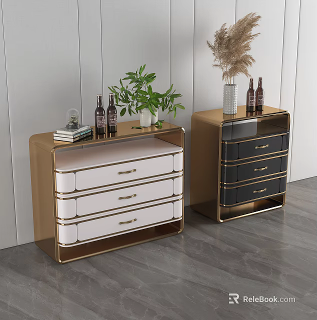 Modern White and Black Dressers with Golden Frames Potted Plant Books and Bottles on Top 3d model 