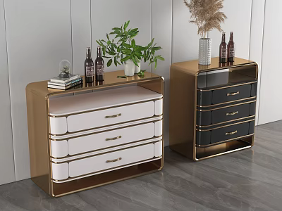 Modern White and Black Dressers with Golden Frames Potted Plant Books and Bottles on Top 3d model