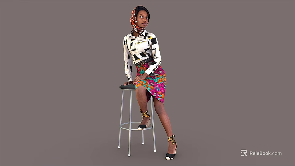 Woman in Black and White Patterned Top Colorful Skirt and Headscarf Sitting on High Stool 3d model 