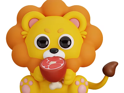 Yellow Reptile Figurine Holding Meat Bone With Pink Paws And Brown Tail 3d model