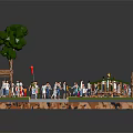 Cartoon Scene with Many People Doing Various Activities Around Pavilion Small Hut Green Trees and Grass
