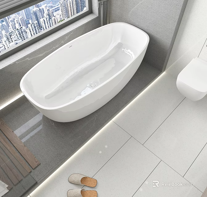 Modern Bathroom Interior Design With White Freestanding Bathtub Wall-Hung Toilet And Tiled Floor 3d model 