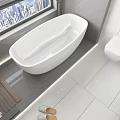 Modern Bathroom Interior Design With White Freestanding Bathtub Wall-Hung Toilet And Tiled Floor