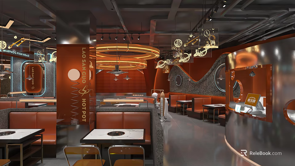 Modern Hot Pot Restaurant Interior With Orange Decor Round Lighting And Seating Area 3d model 