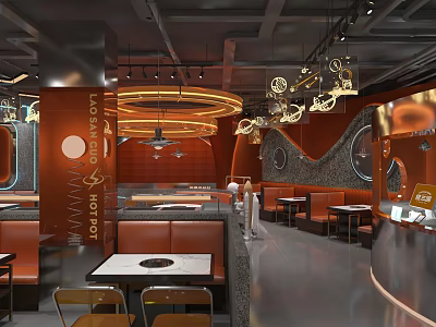 Modern Hot Pot Restaurant Interior With Orange Decor Round Lighting And Seating Area 3d model