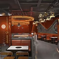 Modern Hot Pot Restaurant Interior With Orange Decor Round Lighting And Seating Area