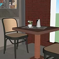 Wooden Dining Table Set With Rattan Chair Kettle Small Flowers And Brick Wall