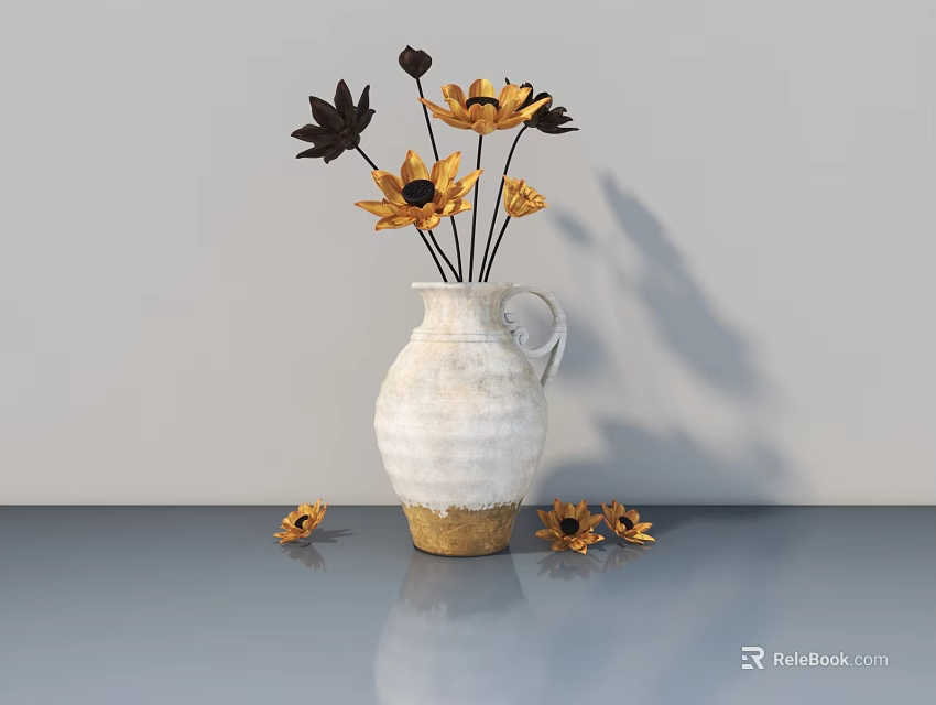 White Ceramic Vase With Yellow Black Sunflowers On Gray Tabletop Light Gray Wall 3d model
