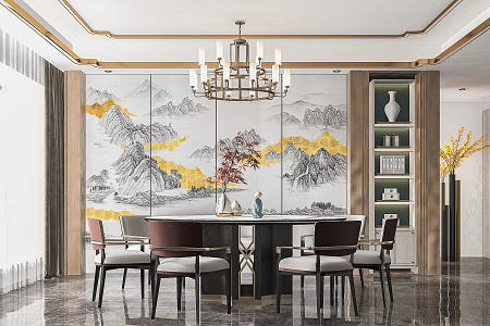 New Chinese Restaurant Dining Table and Chair Chandelier 3d model