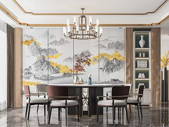 New Chinese Restaurant Dining Table and Chair Chandelier 3d model