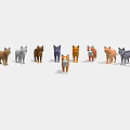 Multiple Colorful Cartoon Cat Models With One Orange in Front and Others Arranged Behind