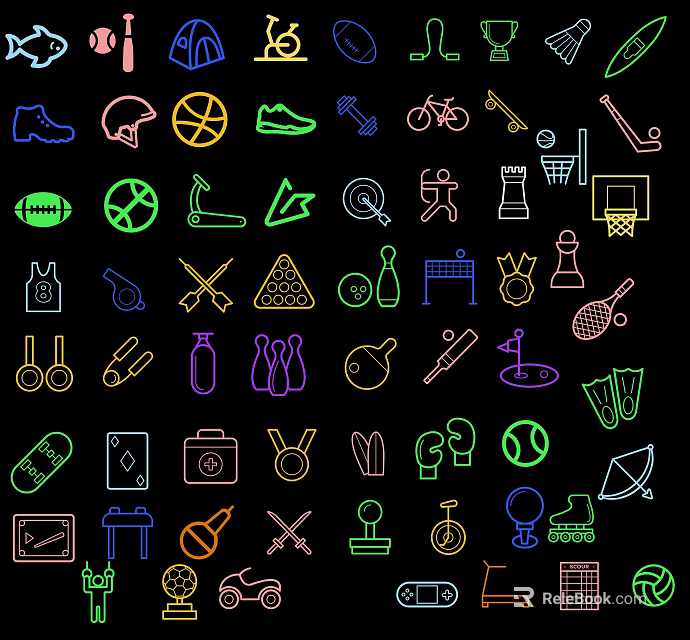 Colorful Neon Line Sports And Leisure Icons Including Basketball Football Tennis And Activity Symbols 3d model 