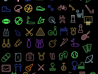 Colorful Neon Line Sports And Leisure Icons Including Basketball Football Tennis And Activity Symbols 3d model