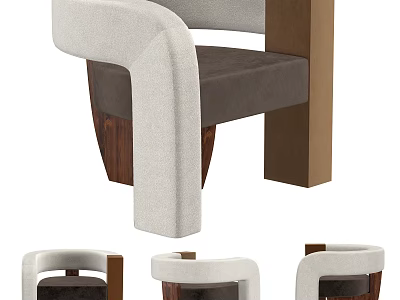 Gray And Brown Upholstered Leisure Chair With Wooden Frame Displayed From Different Angles 3d model