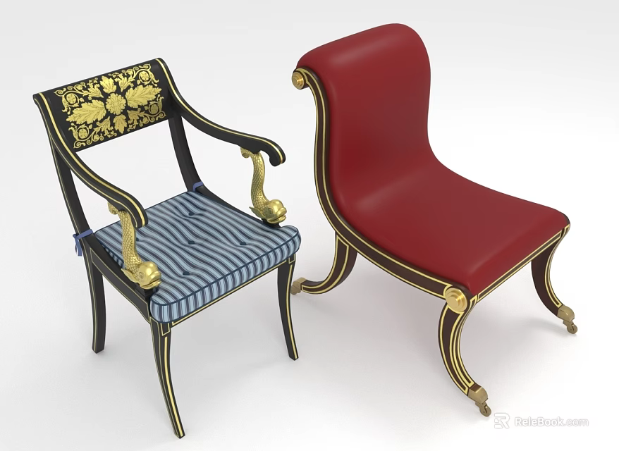 Two Elegant Accent Chairs With Red Leather Blue Striped Fabric And Gold Decorative Accents 3d model 