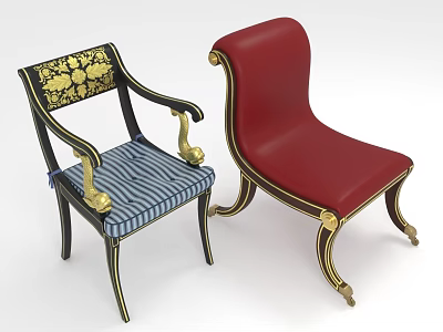 Two Elegant Accent Chairs With Red Leather Blue Striped Fabric And Gold Decorative Accents 3d model