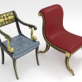 Two Elegant Accent Chairs With Red Leather Blue Striped Fabric And Gold Decorative Accents