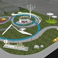 Park Landscape Including Children's Play Area Circular Pathways Trees White Umbrellas And Blue Water Features