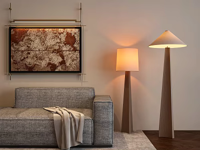 Gray Multi person Sofa With Blanket Floor Lamps Decorative Artwork And Rug On Wooden Floor 3d model