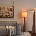 Gray Multi person Sofa With Blanket Floor Lamps Decorative Artwork And Rug On Wooden Floor
