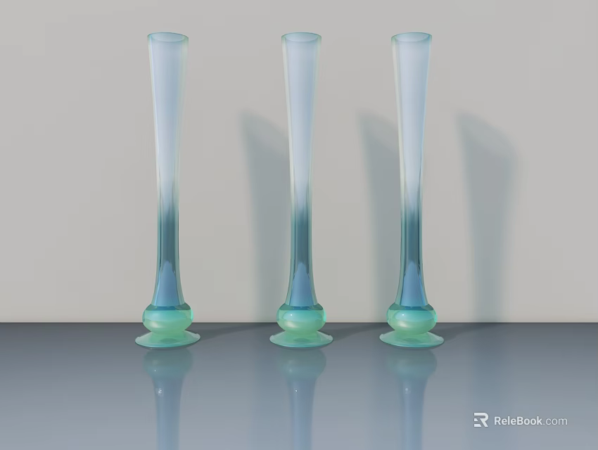 Decorative Ornament Set with Three Tall Gradient Glass Vases Featuring Green Base and Sleek Design 3d model 