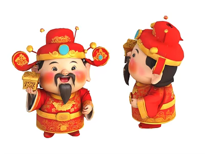 Traditional Chinese God of Wealth Sculpture Carving With Red Clothing And Golden Decorations 3d model