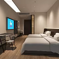 Modern Hotel Guest Room Interior With Comfortable Bed Wall-Mounted TV Desk Chair And Wooden Walls