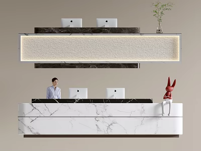 Modern Reception Desk With Marble Countertop Computers Rabbit Figurine And Green Plant 3d model
