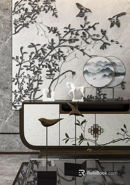 Elegant Chinese Entryway Console Table With Mountain Landscape Paintings Carved Designs And Bird Decorations 3d model 