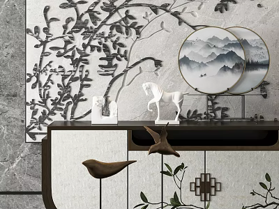 Elegant Chinese Entryway Console Table With Mountain Landscape Paintings Carved Designs And Bird Decorations 3d model