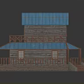 Two Story Wooden Pavilion With Blue Roof Red Railings And Staircase
